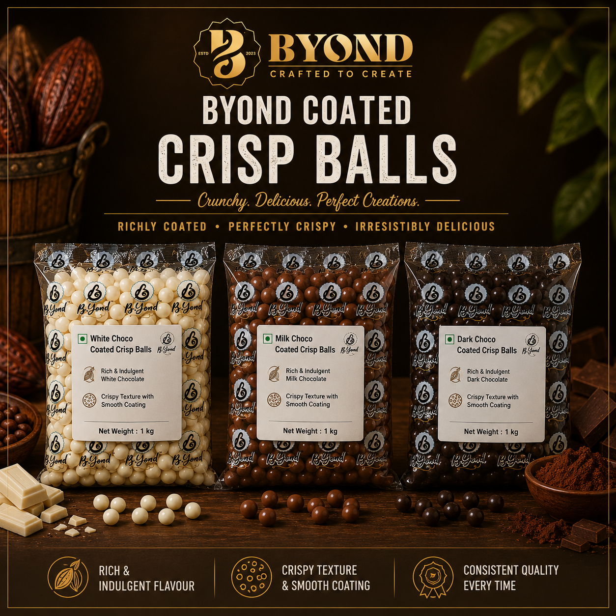 Byond Choco Coated Crisp Balls - White, Milk & Dark